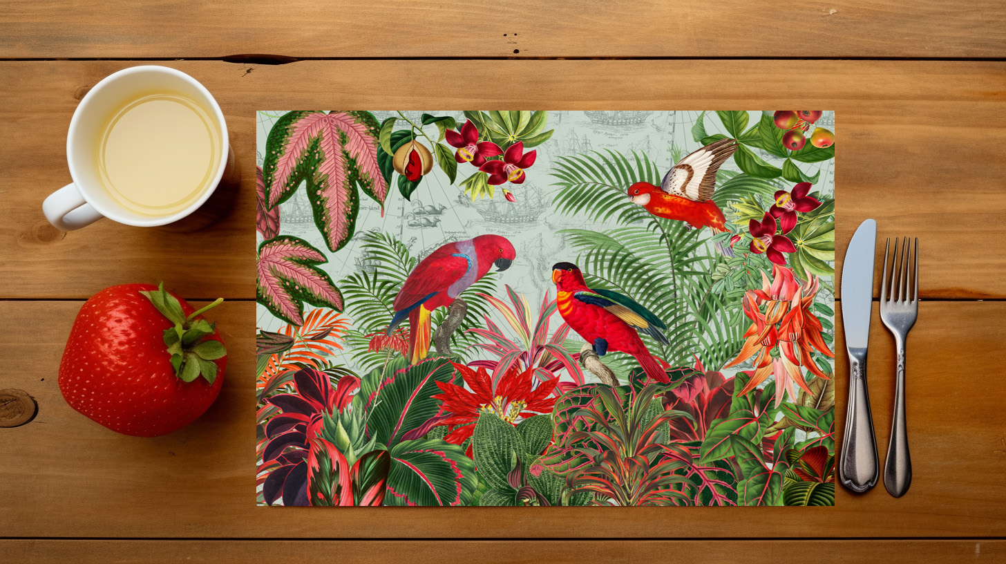raxxa Premium-Tischset: Farbenfrohe Papagein im exotischen Blüten Dschungel – Bild 6