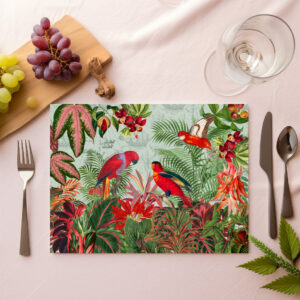 raxxa Premium-Tischset: Farbenfrohe Papagein im exotischen Blüten Dschungel