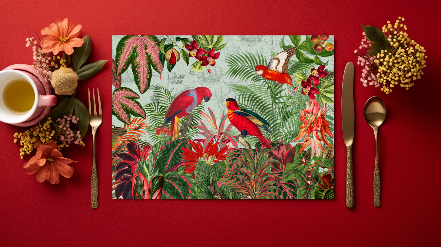raxxa Premium-Tischset: Farbenfrohe Papagein im exotischen Blüten Dschungel – Bild 5