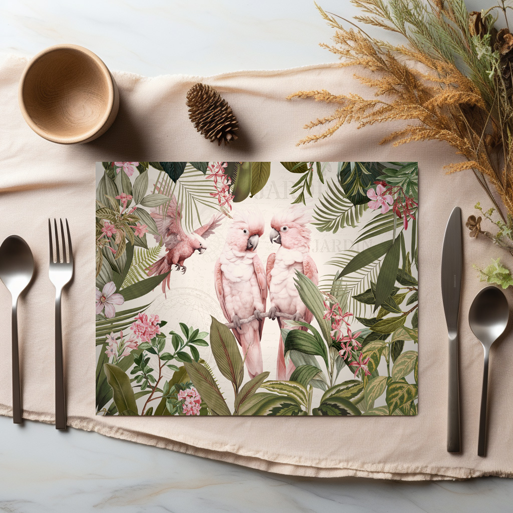 raxxa Premium-Tischset: Pink Kakadus im Exotischen Dschungel