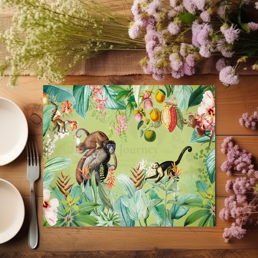 raxxa Premium-Tischset: Zauberhafte Affen im exotischen Blüten und Früchte Dschungel