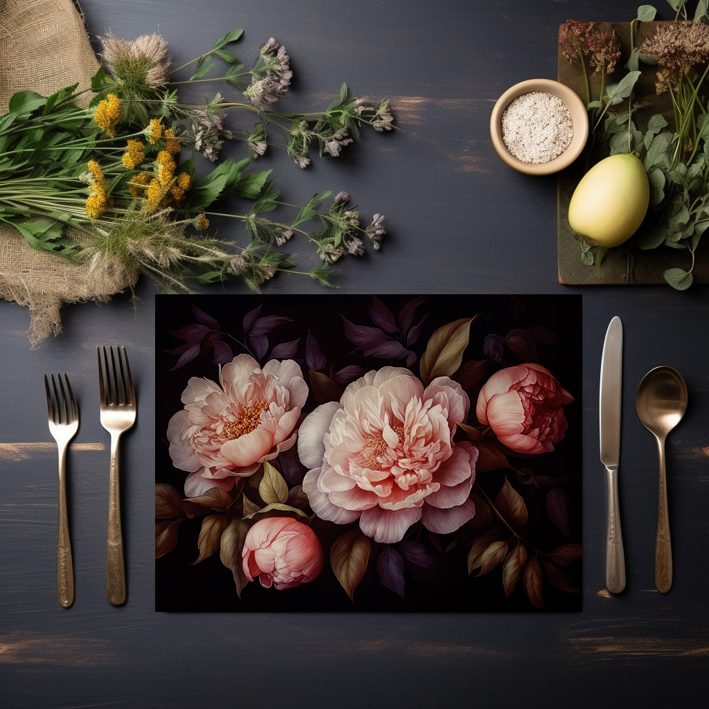 raxxa Premium-Tischset: Schwarz und Pfirisch Pfingstrosen Blüten: Ein vintage-gotischer Rausch - immagine 6