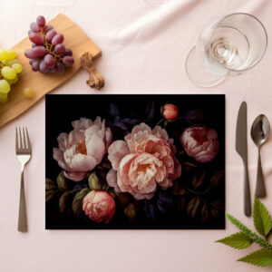 raxxa Premium-Tischset: Prächtige Blumenpracht: Barocke Pfingstrosen auf Schwarz