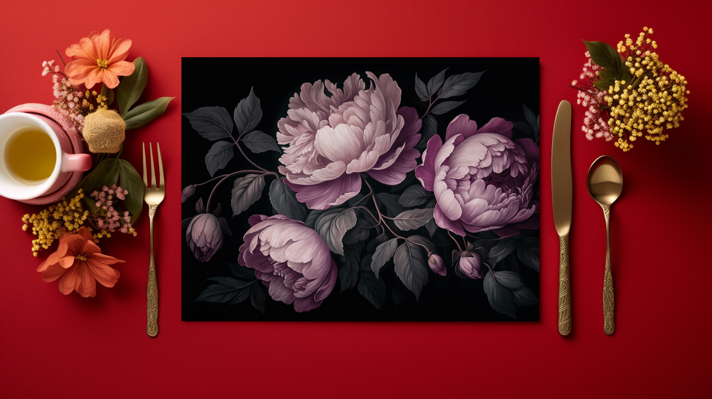 raxxa Premium-Tischset: Düstere Romantik: Luxuriöses Blumenarrangement