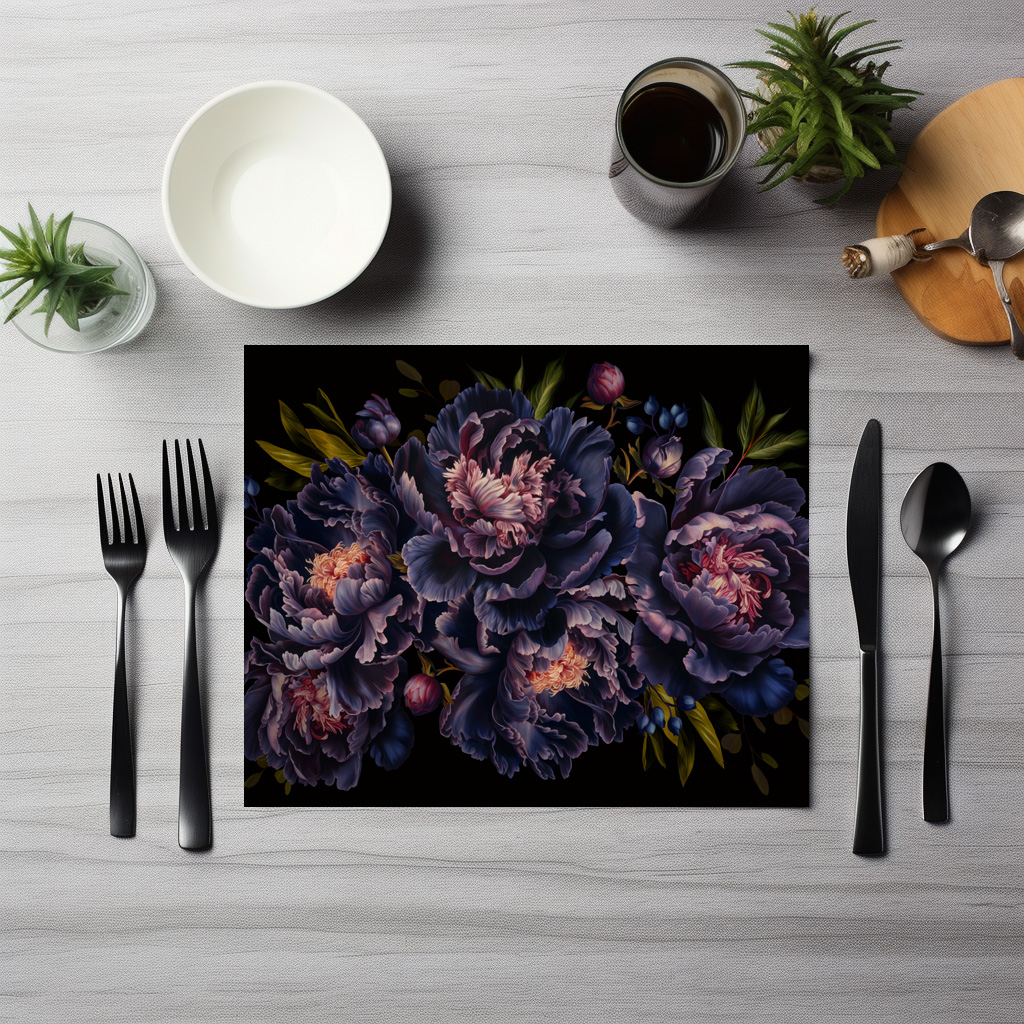 raxxa Premium-Tischset: Purple Blüten auf Schwarz: Barocke Pfingstrosen in ihrer vollen Pracht - immagine 5