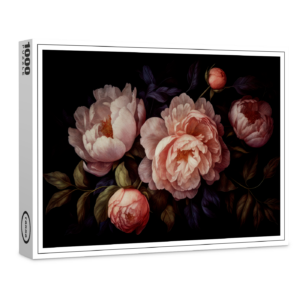 raxxa Premium-Puzzle: Prächtige Blumenpracht: Barocke Pfingstrosen auf Schwarz