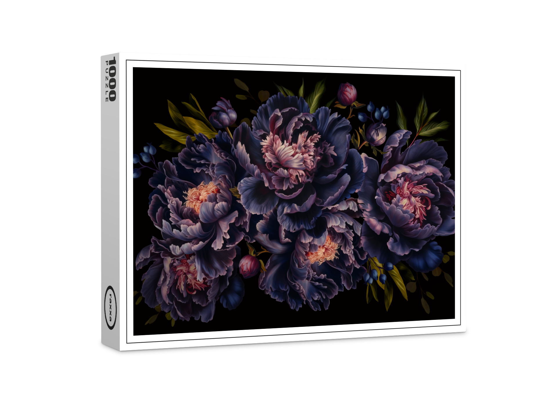 raxxa Premium-Puzzle: Purple Blüten auf Schwarz: Barocke Pfingstrosen in ihrer vollen Pracht