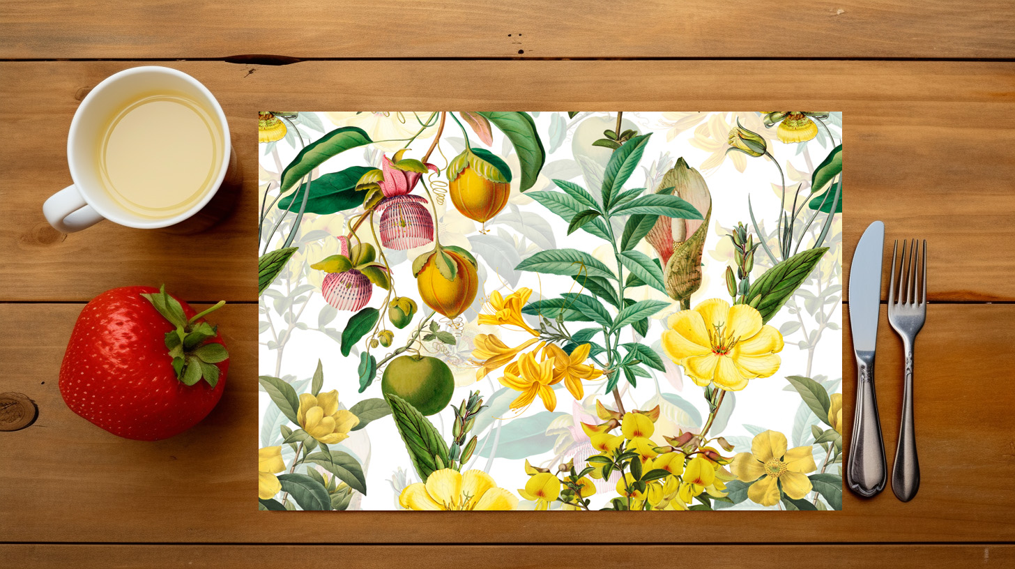 raxxa Premium-Tischset: Exotische Eleganz: Vintage-Dschungel mit Gelben Blumen und Blättern