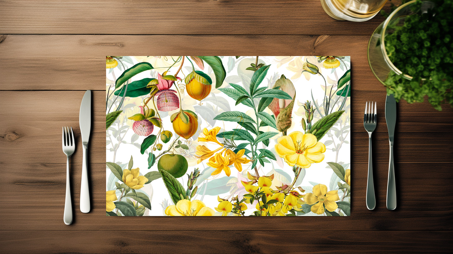 raxxa Premium-Tischset: Exotische Eleganz: Vintage-Dschungel mit Gelben Blumen und Blättern - Imagen 5