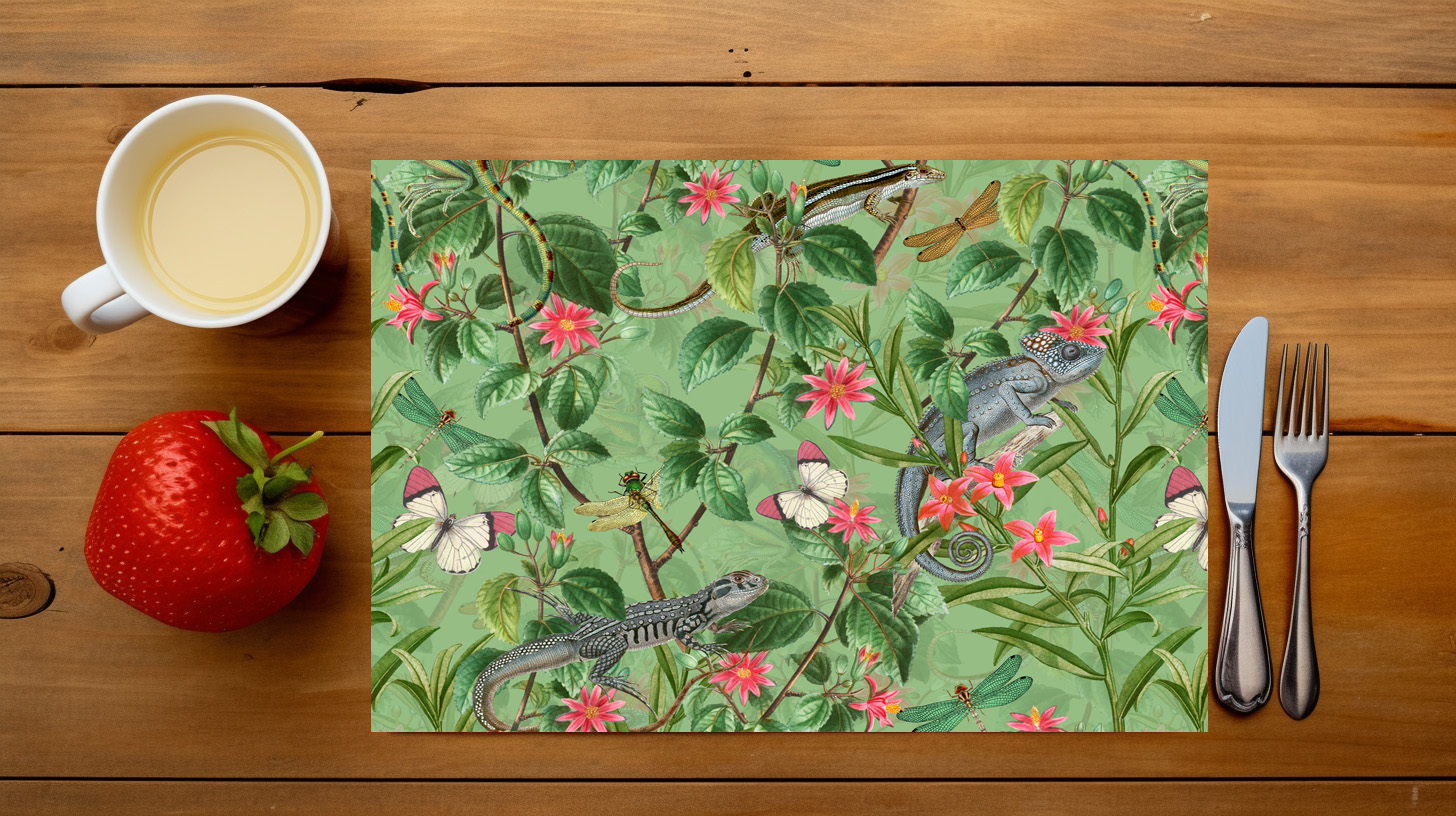 raxxa Premium-Tischset: Tropische Zeitreise: Vintage Geckos im Blüten Dschungel - immagine 6