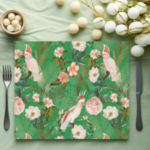 raxxa Premium-Tischset: Rosa Kakadus im Grünen Vintage Dschungel
