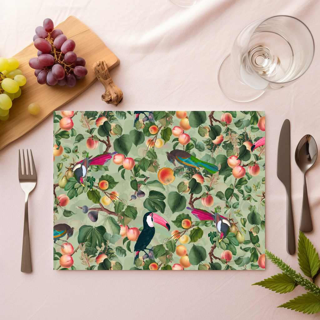 raxxa Premium-Tischset: Exotische Vintage Tukans im Früchte Paradies