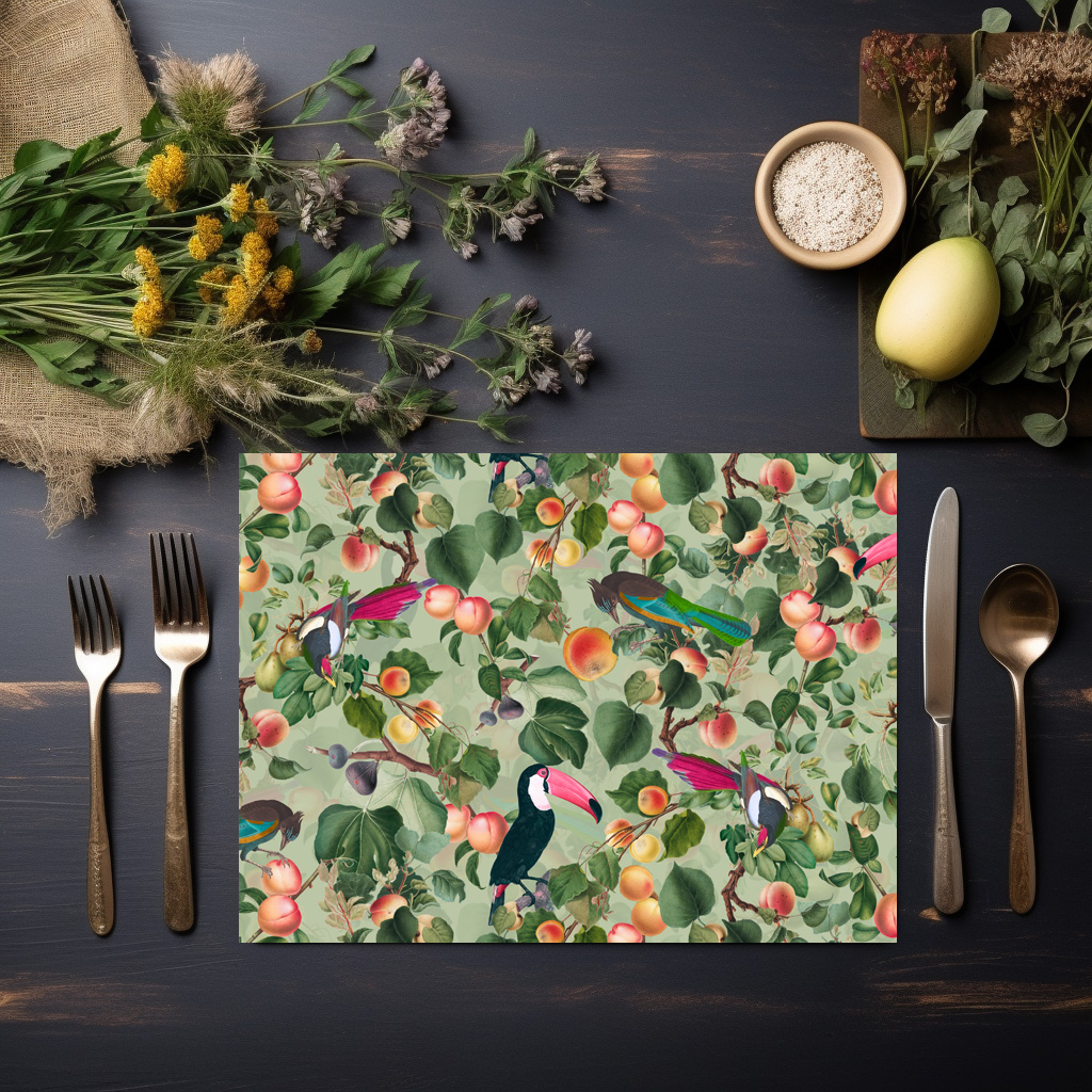 raxxa Premium-Tischset: Exotische Vintage Tukans im Früchte Paradies – Bild 6