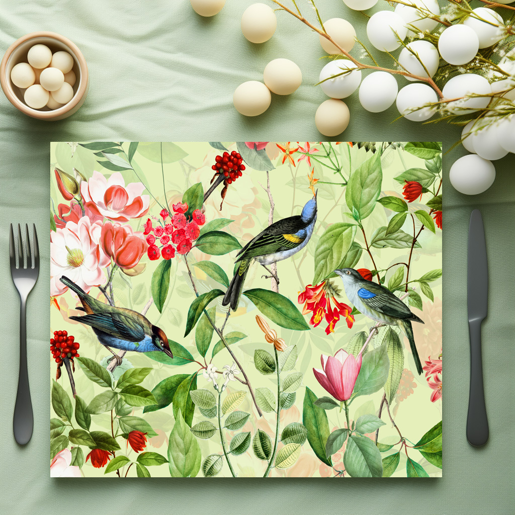 raxxa Premium-Tischset: Exotische Nostalgie: Vintage Vögel im Blüten Dschungel