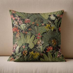 Kissen: Mitternachtszauber im Dschungel- Affen Vintage-Blumen und -Blätter