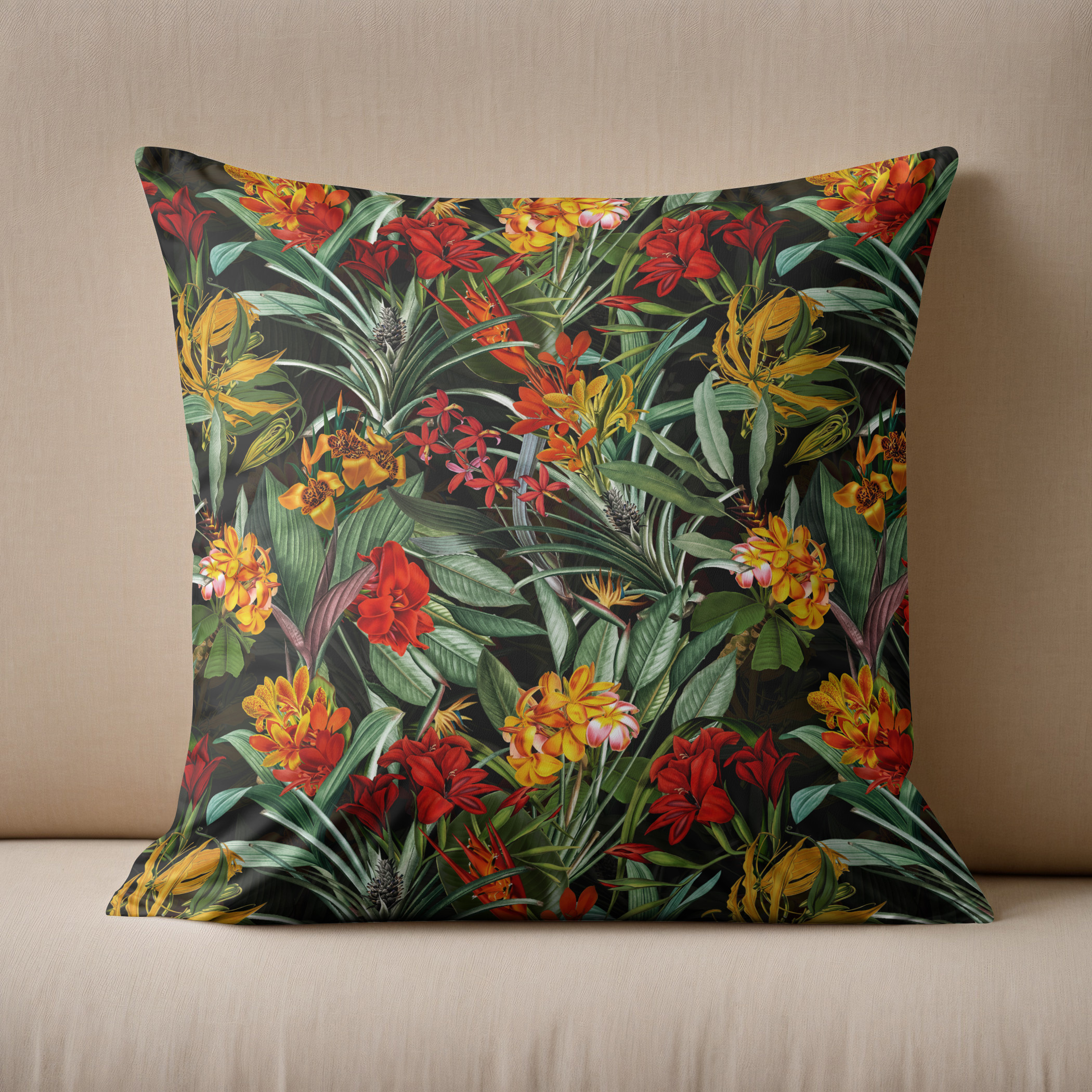 Kissen: Dunkle Tropen Dschungel Reise- Mitternachts-Vintage mit Blumen und Blättern