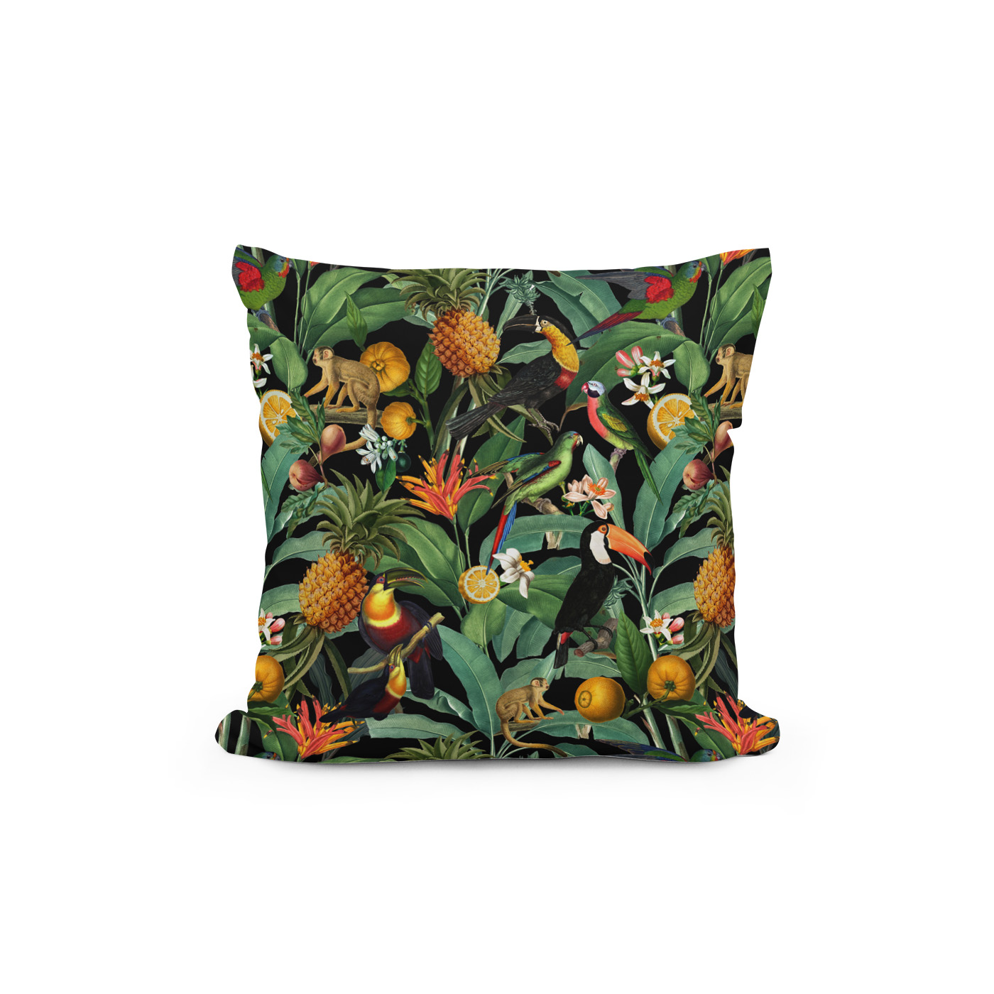 Kissen: Dunkle Tropenreise- Mitternachts-Vintage mit Blumen und exotischen Tieren - immagine 2