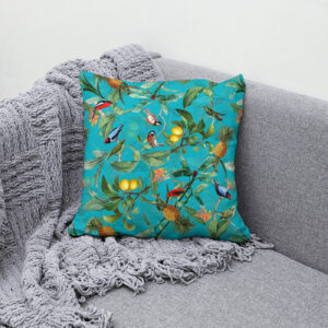 Kissen: Bunte tropische Vögel im Blüten Dschungel