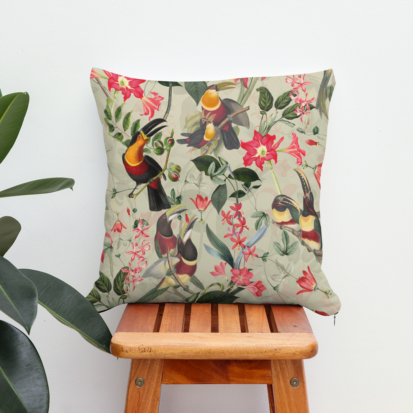 Kissen: Tukan Paradies im Retro-Look- Vintage-Dschungelmuster