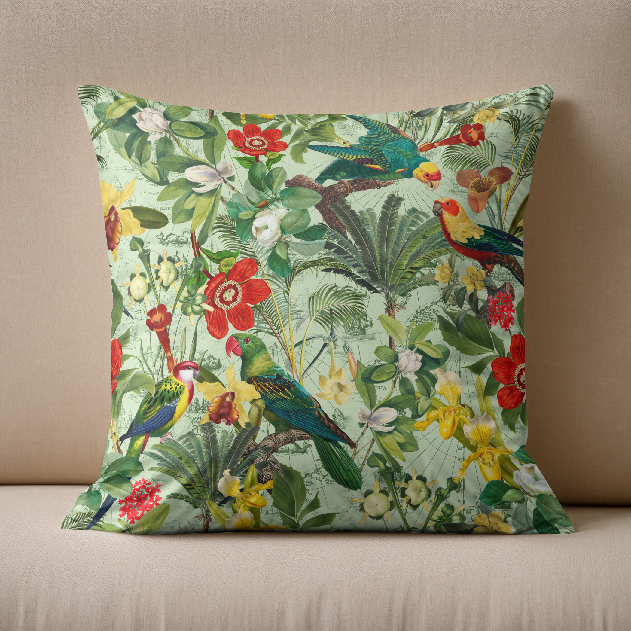 Kissen: Papagein im Bunten Exotischen Vintage Dschungel
