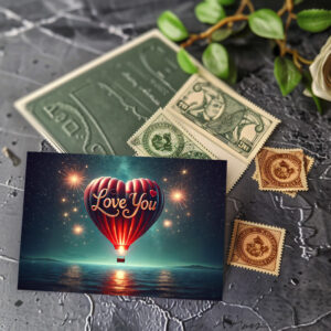 raxxa Postkarte: Herzballon Liebe- Romantisches Heißluftballon Kunstwerk