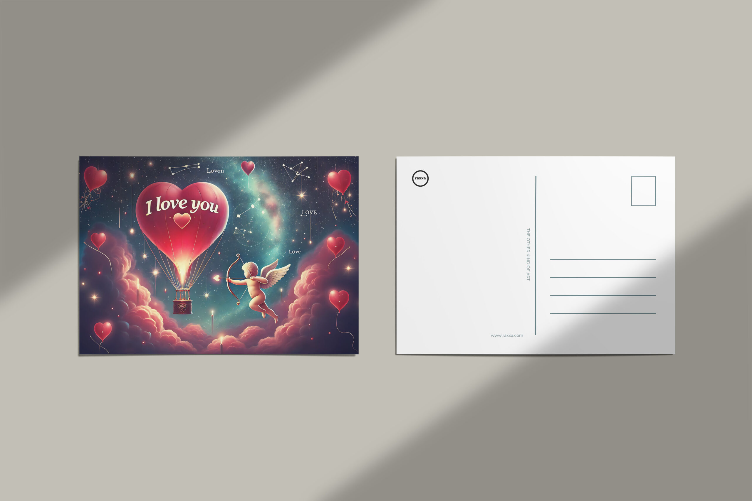 raxxa Postkarte: Romantische Herzluftballon Kunst – Liebe im Himmel