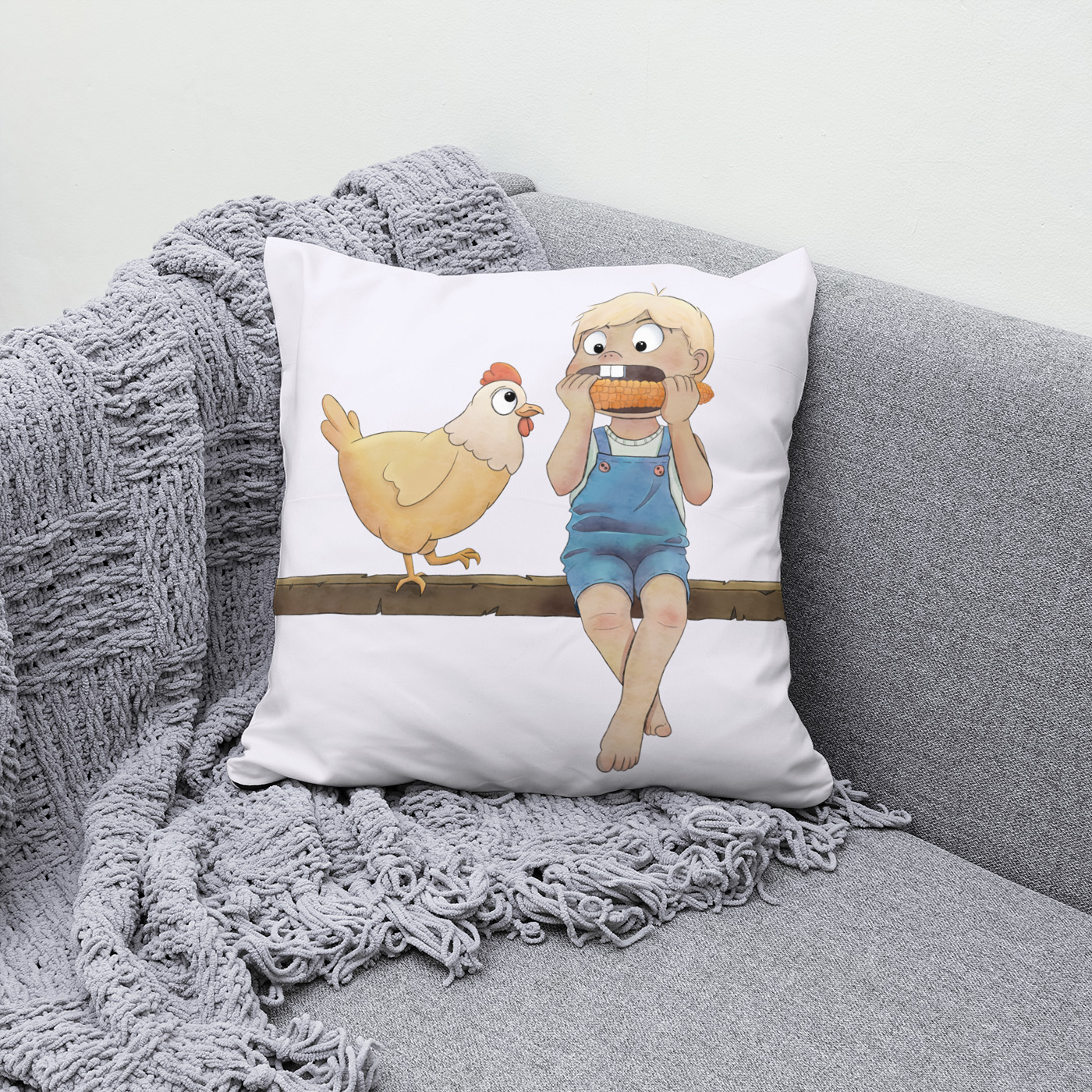 Kissen: Junge mit Huhn