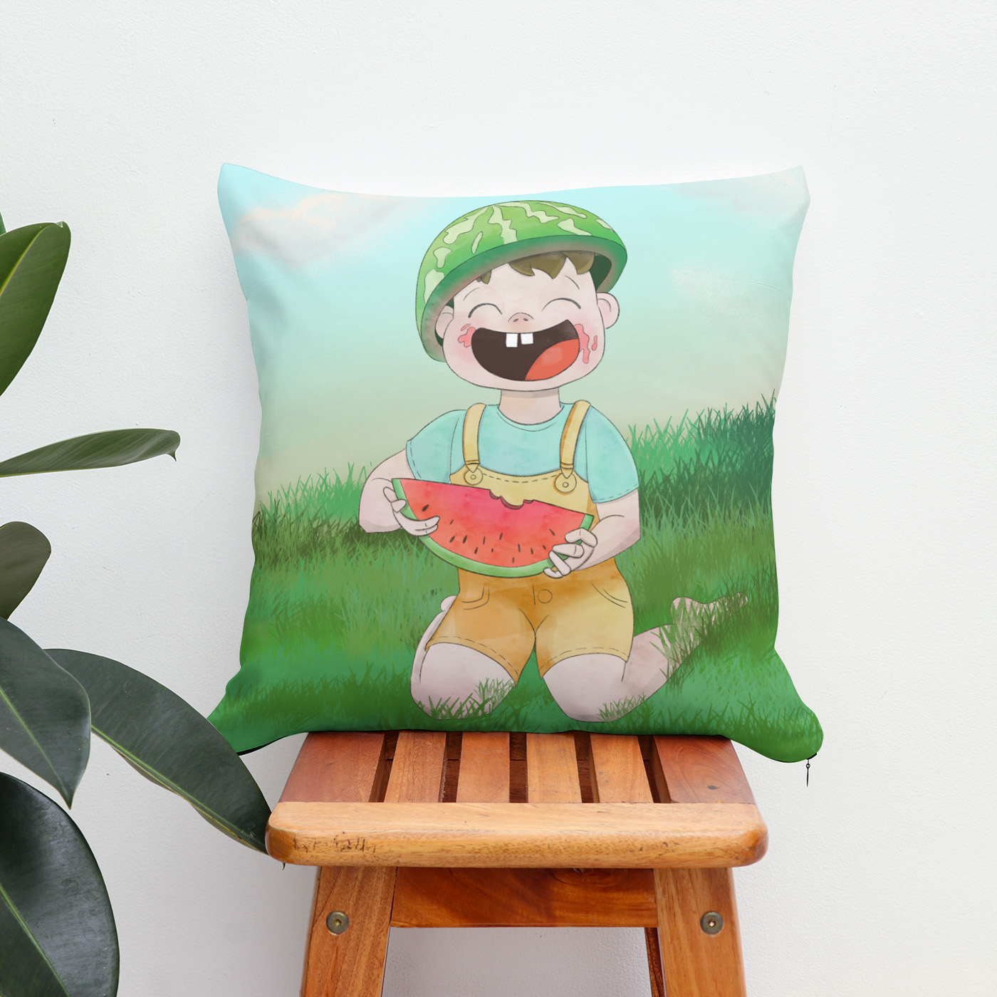 Kissen: Glückliches Kind mit Wassermelone
