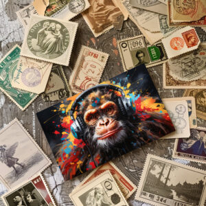 raxxa Postkarte: Chimpanse mit Kopfhörer