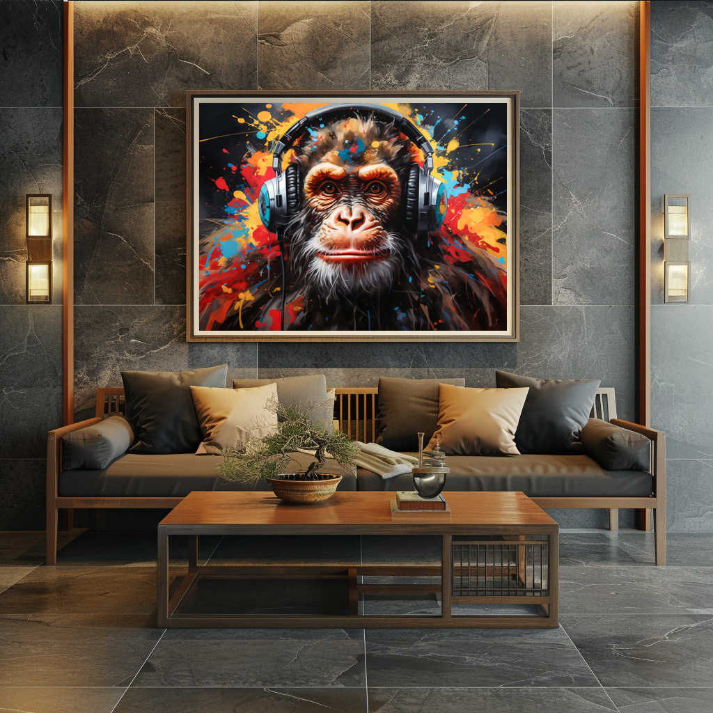 Poster: Chimpanse mit Kopfhörer