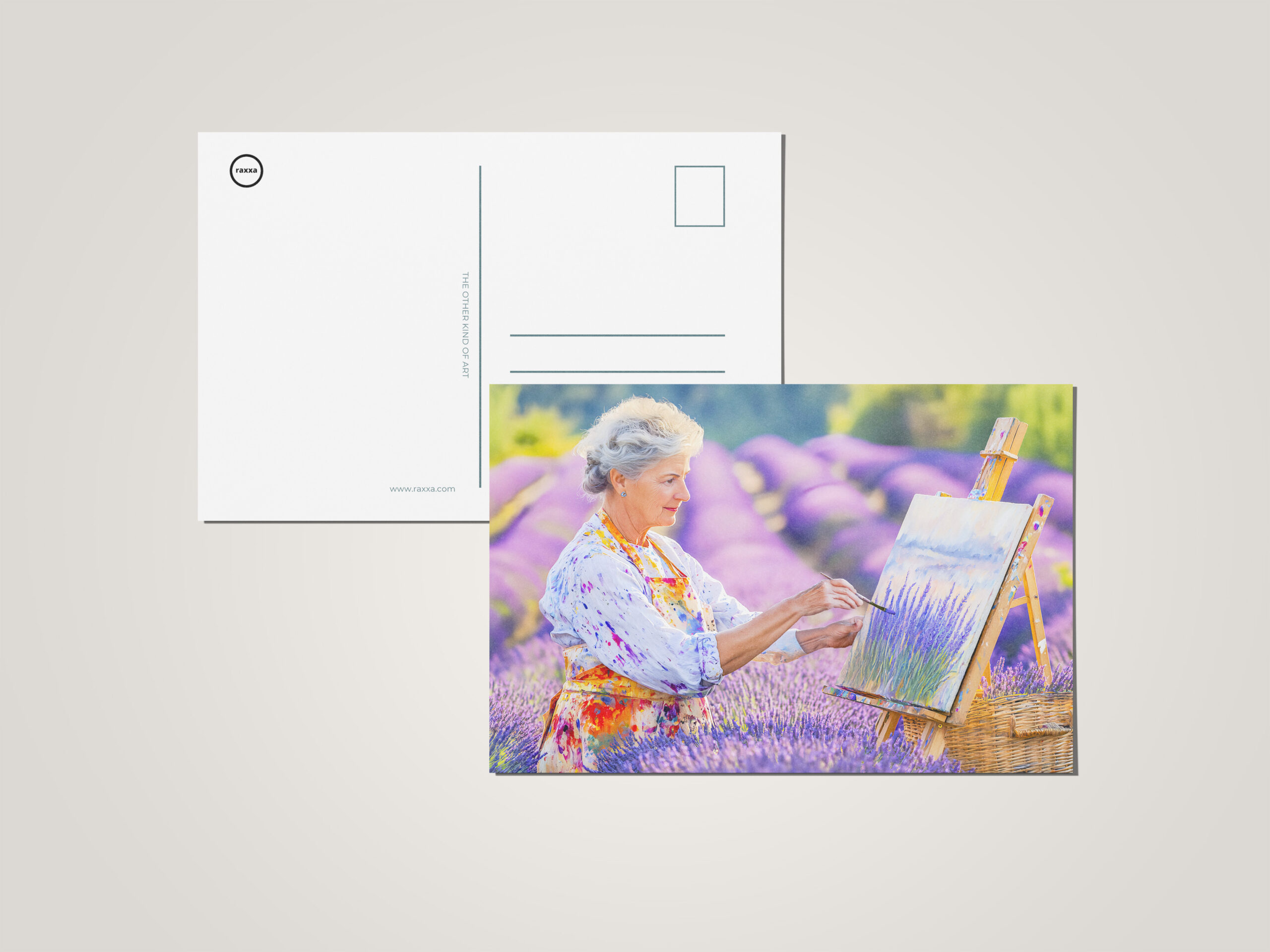 raxxa Postkarte: Malerin im Lavendelfeld