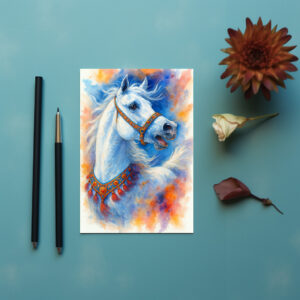 raxxa Postkarte: Weiße Schönheit – Ausdrucksstarker Hengst in Aquarell
