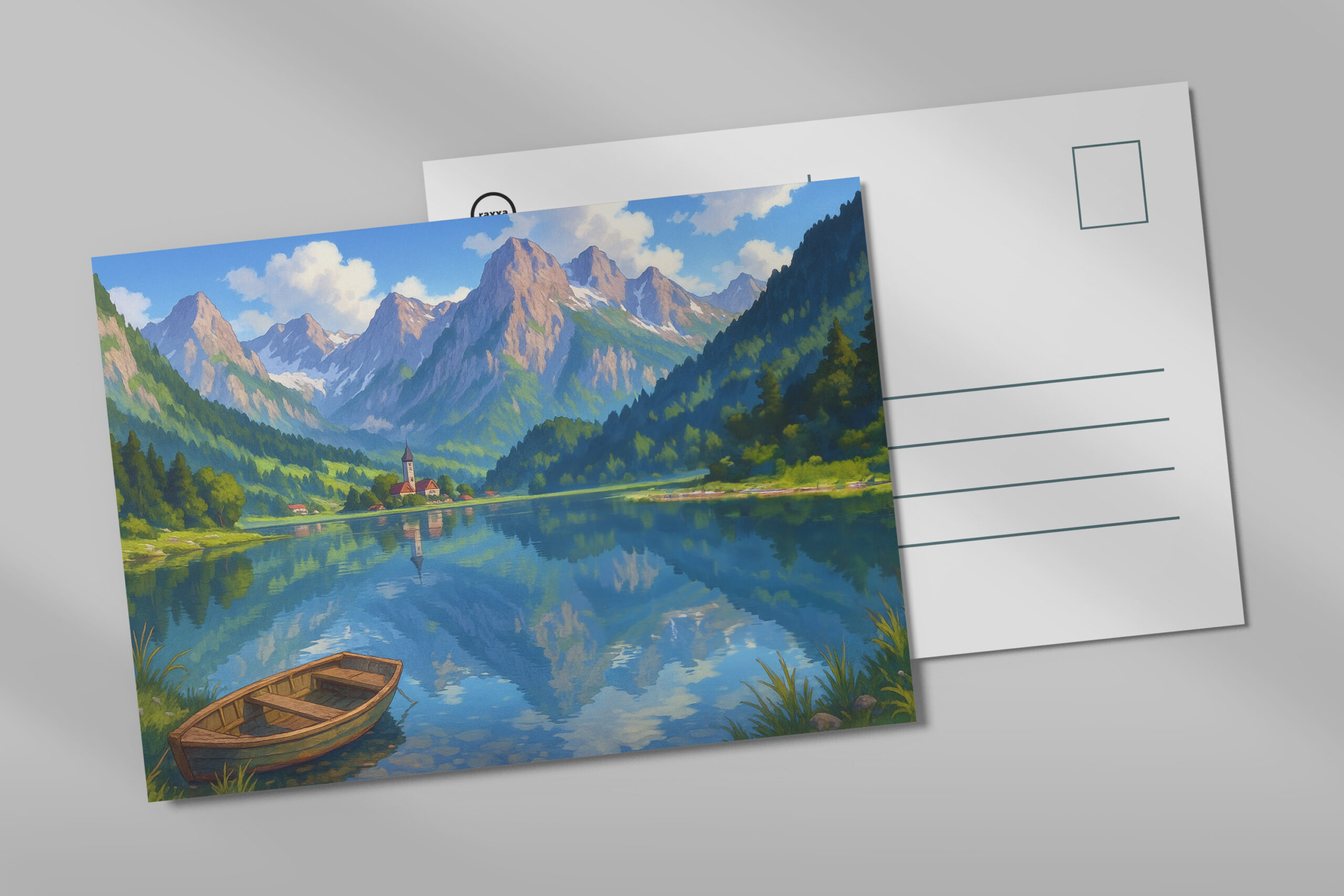 raxxa Postkarte: See in den Alpen im Anime Stil