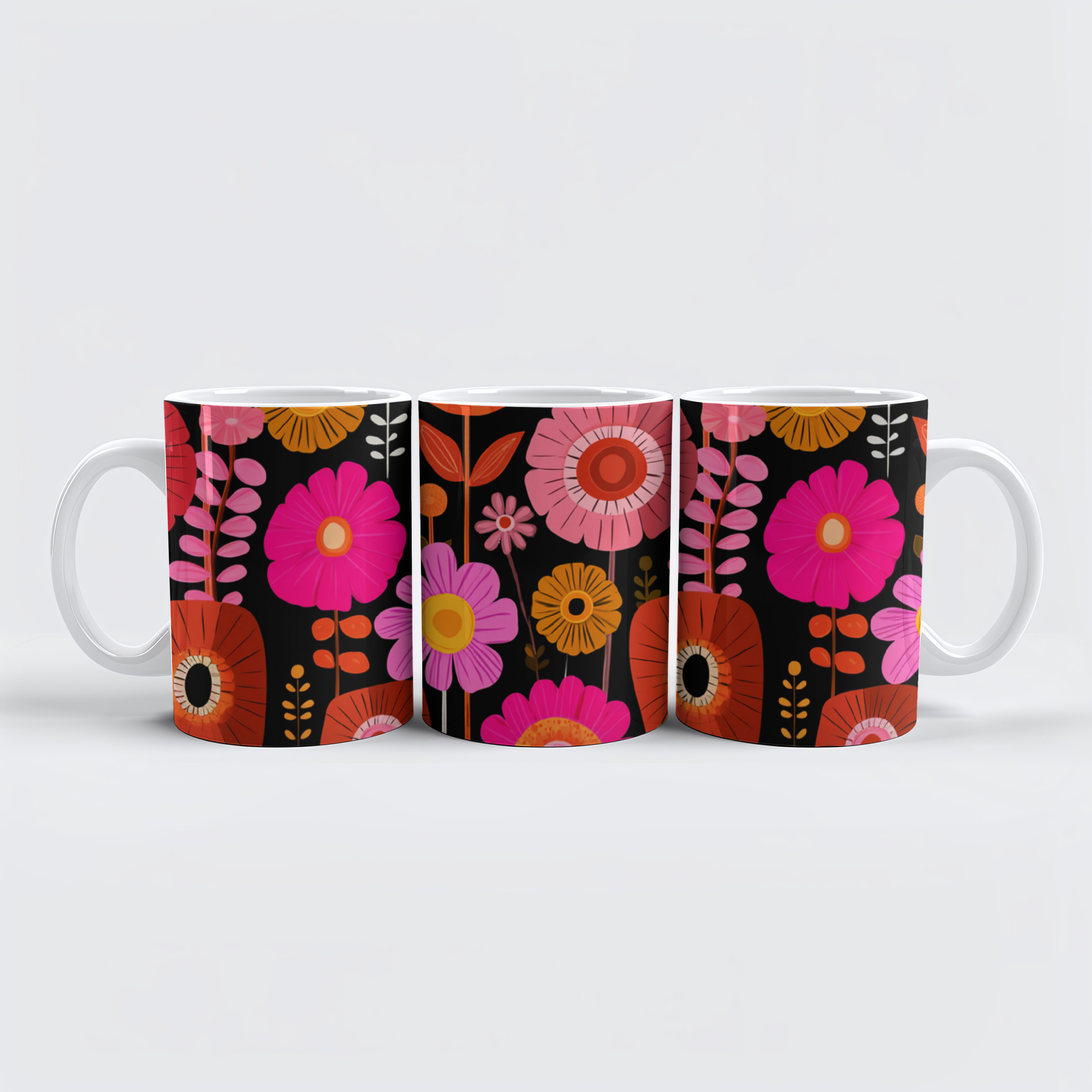 raxxa Premium-Tasse: Rosa-orange Blumen – Retro-Matisse-Blumenmuster im Midcentury-Stil