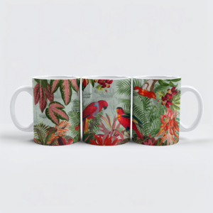 raxxa Premium-Tasse: Farbenfrohe Papagein im exotischen Blüten Dschungel