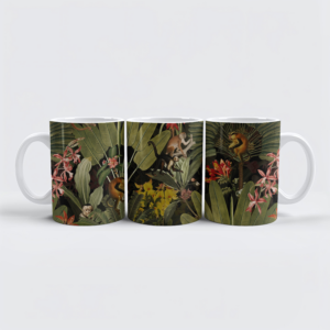 raxxa Premium-Tasse: Mitternachtszauber im Dschungel- Affen Vintage-Blumen und -Blätter