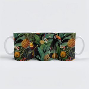 raxxa Premium-Tasse: Dunkle Tropenreise- Mitternachts-Vintage mit Blumen und exotischen Tieren