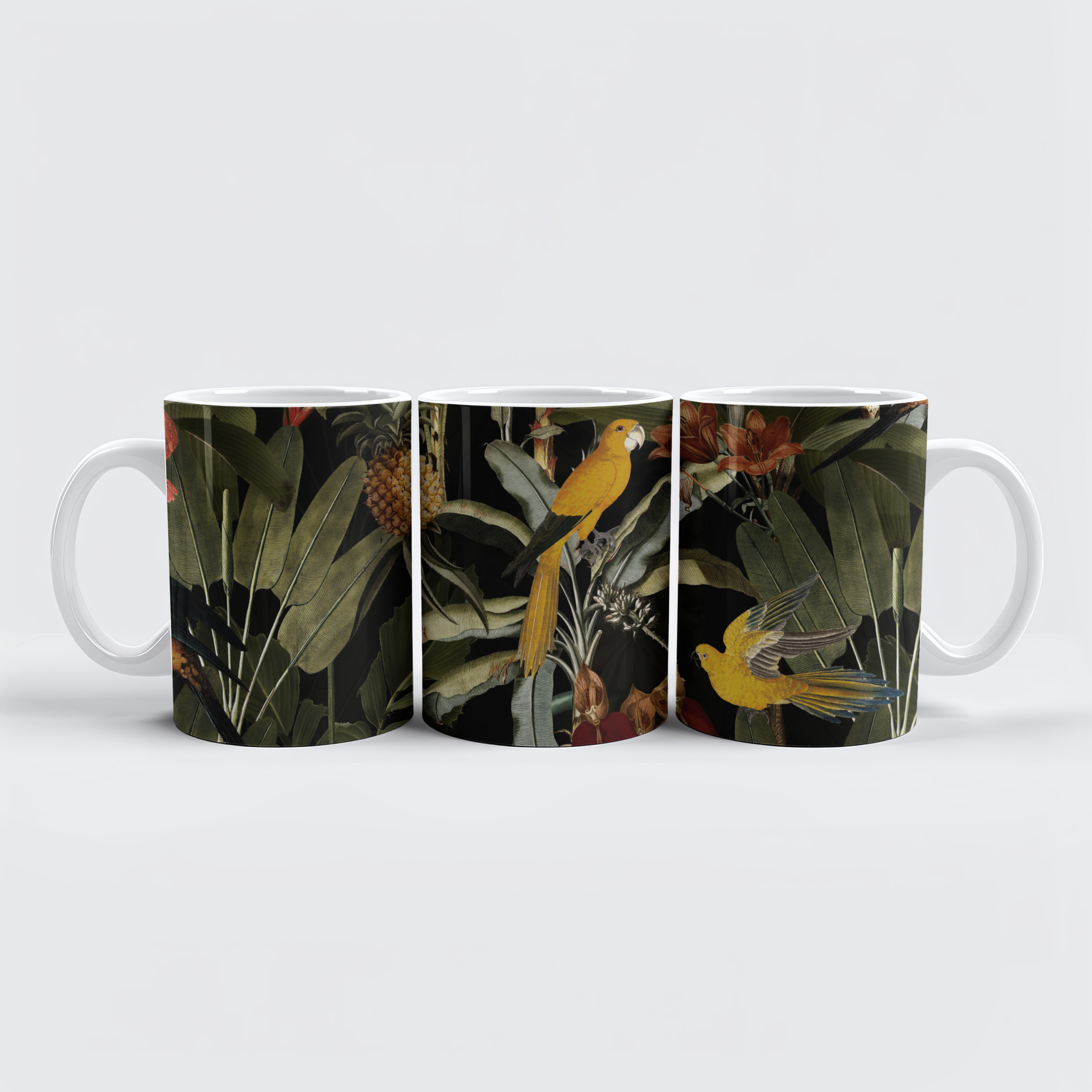 raxxa Premium-Tasse: Mitternachtserwachen im Paradies- Vintage-Vogel Tropenmotiv