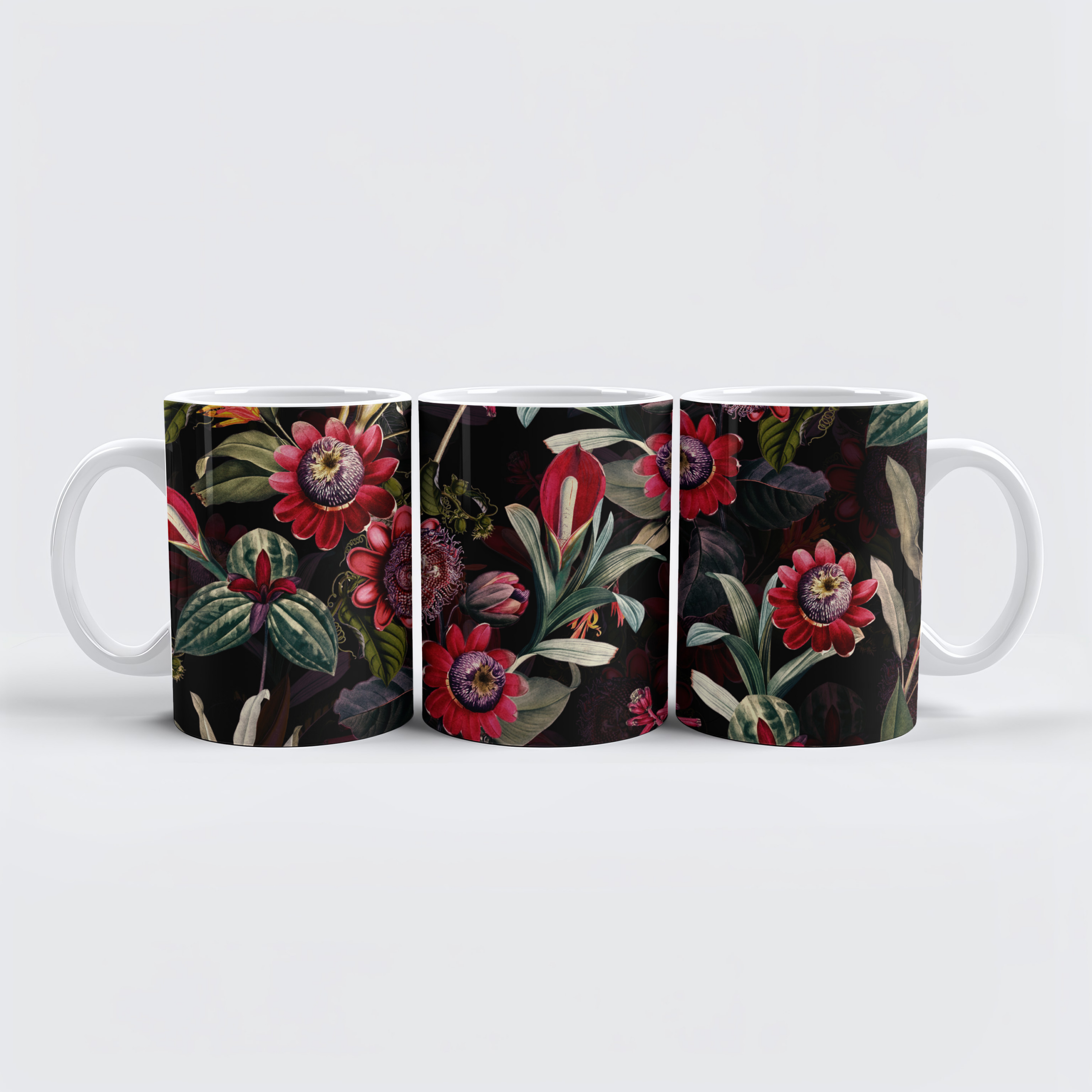 raxxa Premium-Tasse: Mitternacht im Dschungel- Tropisches Vintage-Design mit roten Passionsblumen und Blättern
