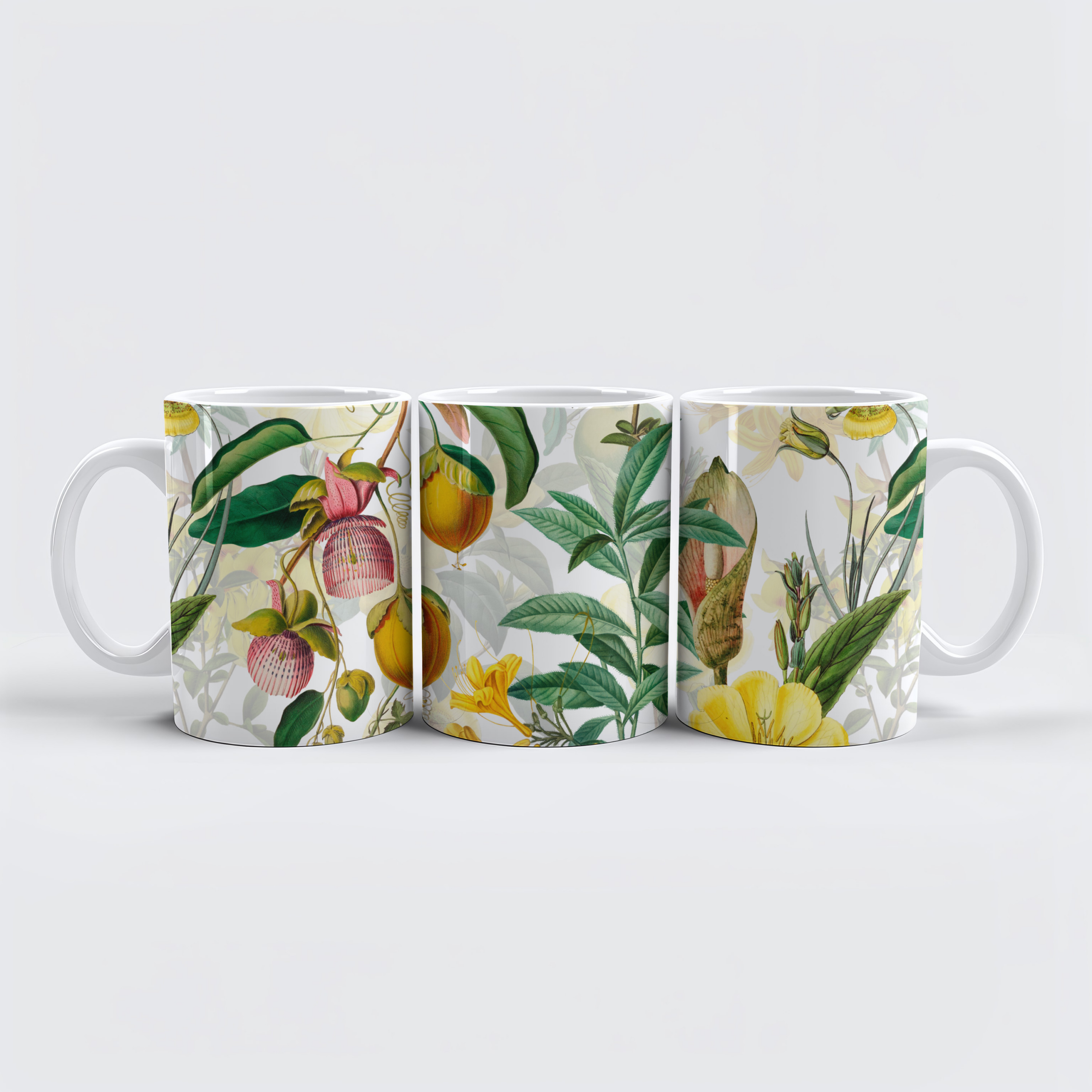 raxxa Premium-Tasse: Exotische Eleganz- Vintage-Dschungel mit Gelben Blumen und Blättern