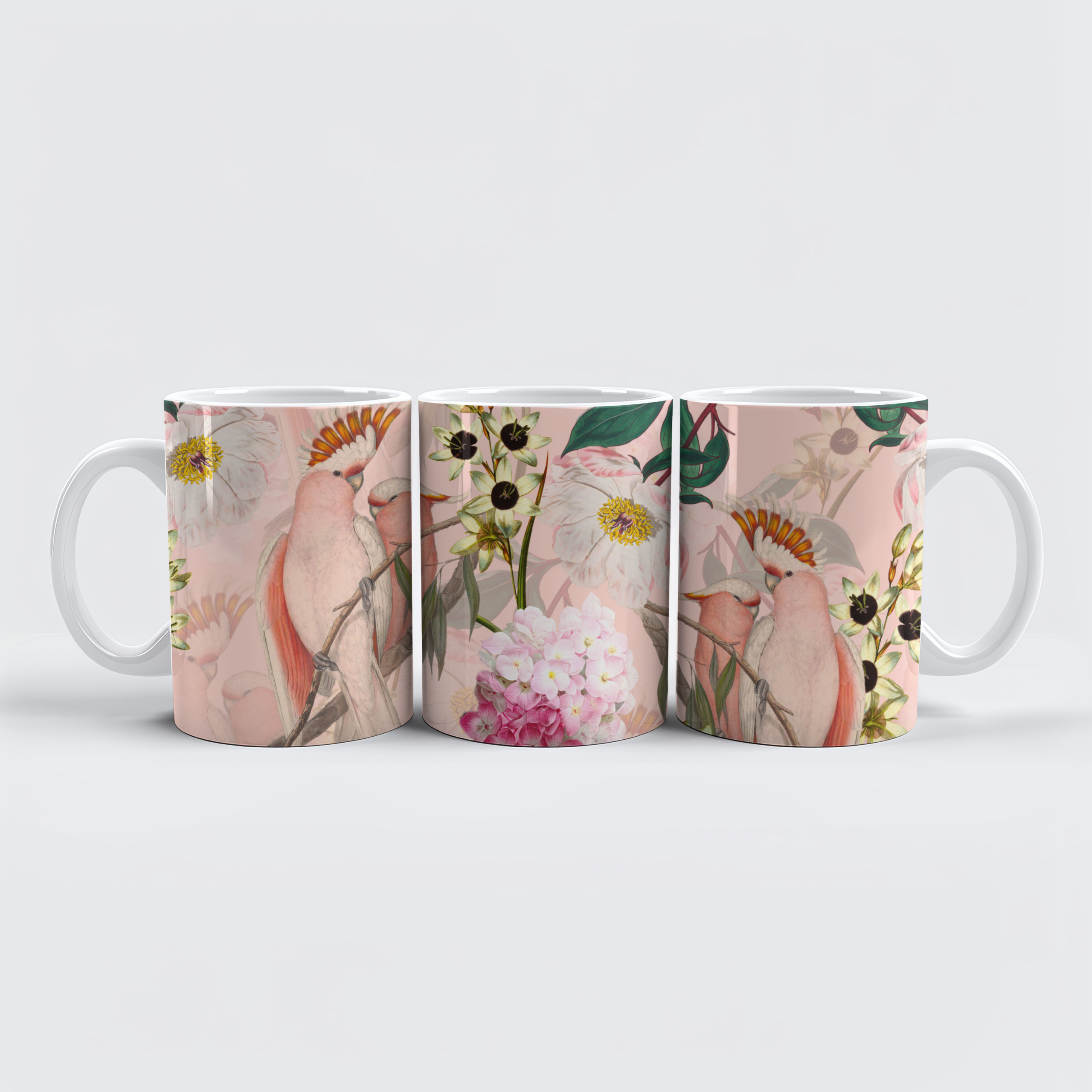 raxxa Premium-Tasse: Rosa Kakadus im Blumen Garten