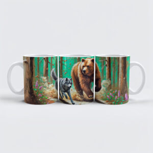 raxxa Premium-Tasse: Wolf and Bear Chase Pastel Chalk Forest Scene