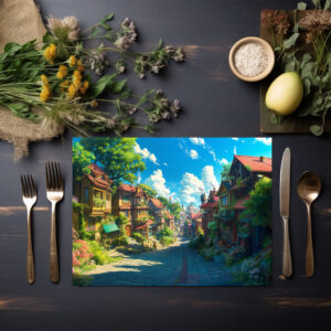 raxxa Premium-Tischset: Weg durch ein Fantasy Dorf im Anime Stil