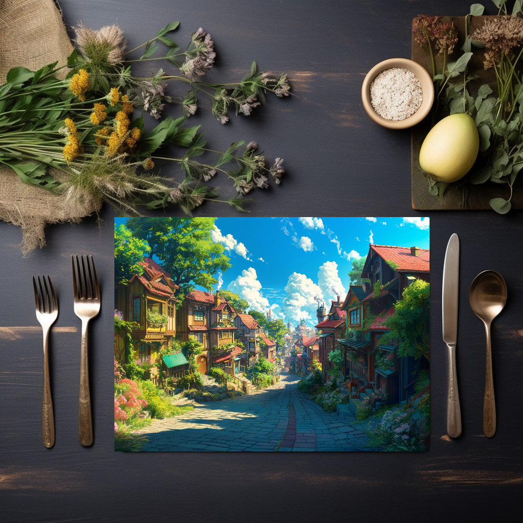 raxxa Premium-Tischset: Weg durch ein Fantasy Dorf im Anime Stil