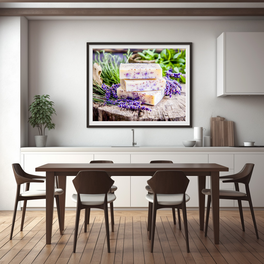 Poster: Lavendelbad mit Seifen und Blüten