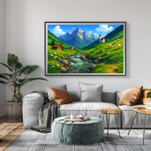 Poster: Bachlauf in den Alpen im Anime Stil