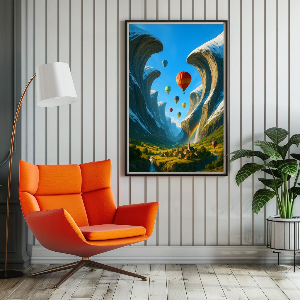 Poster: Fantasylandschaft mit spektakulären Felswänden und Heißluftballons