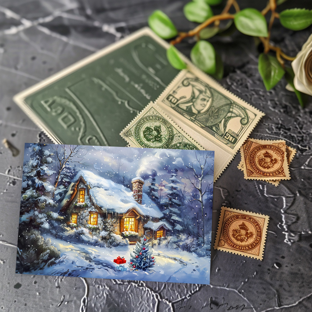 raxxa Postkarte: Cozy Winter Cottage with Christmas Tree