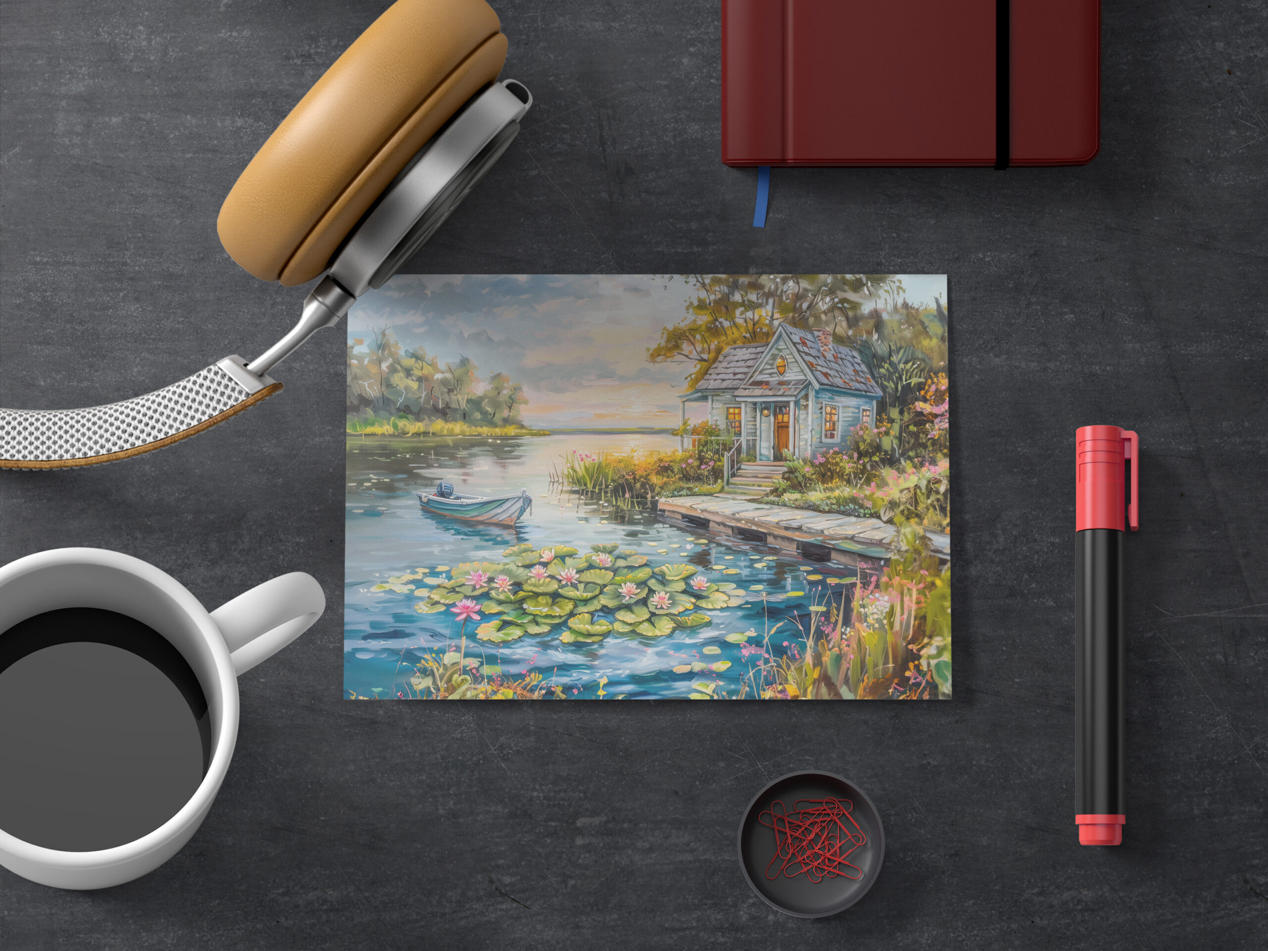 raxxa Postkarte: Lakeside Fishing Cottage with Water Lilies