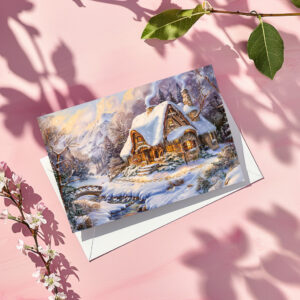 raxxa Postkarte: Snowy Mountain Cottage by Stream
